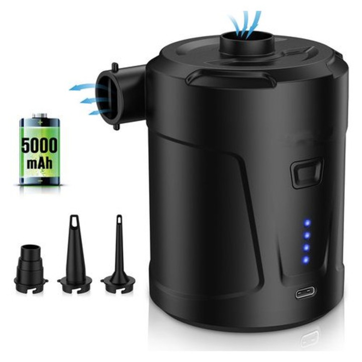Elektromos pumpa felfújáshoz és leeresztéshez, 5000mAh, 3 fúvóka, 360g