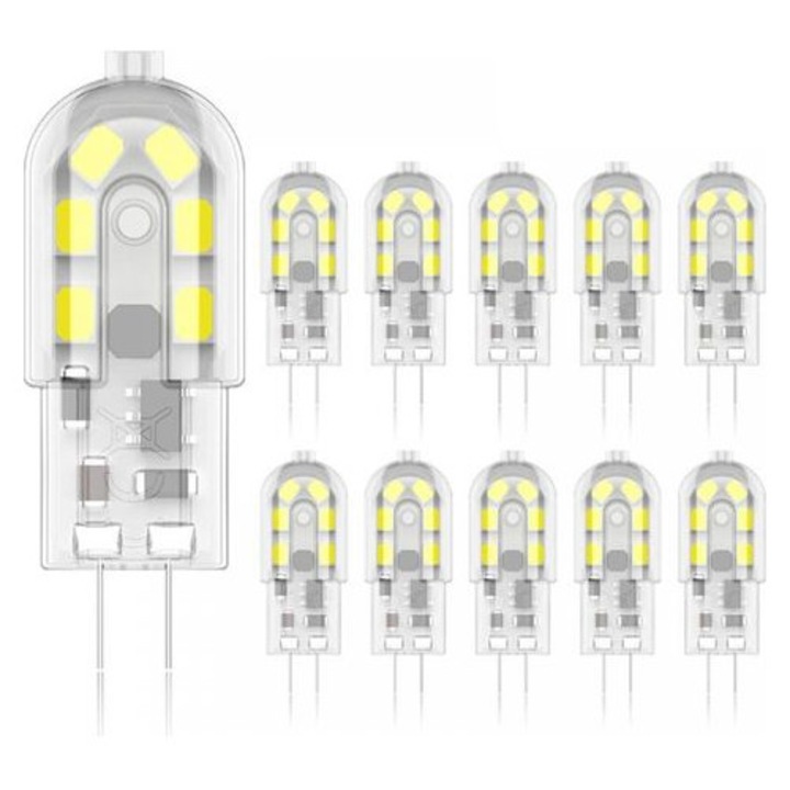 Bec/LED lámpa G4, 20 W halogénnel egyenértékű, 2 W, 200 lm, meleg fehér 6000K, 12 V AC/DC, G4 foglalat, 36x12 mm, 10 darabos készlet