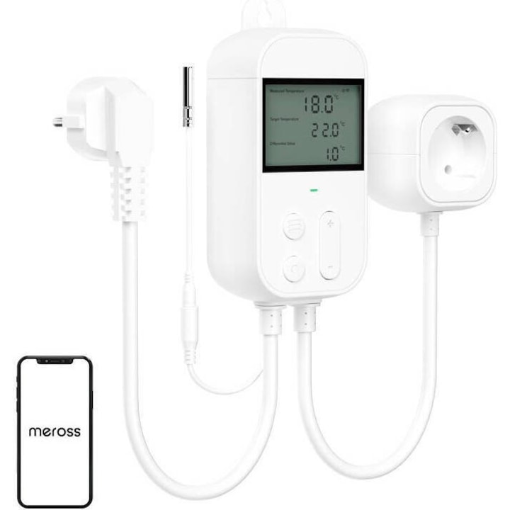 Priza termostatica Meross MTS960HK, control Wi-Fi, alb, 12x6x3.5cm