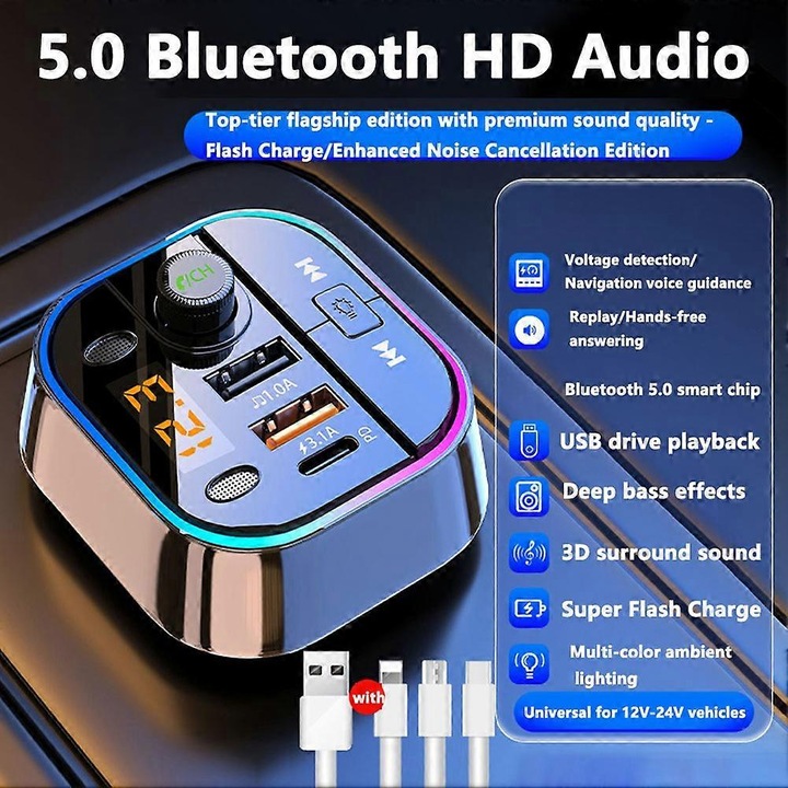 Receptor/transmitator Bluetooth auto 5.0, transmitator FM, player MP3 si redare USB, mufa bricheta, sunet lossless, Multicolor, 1 buc