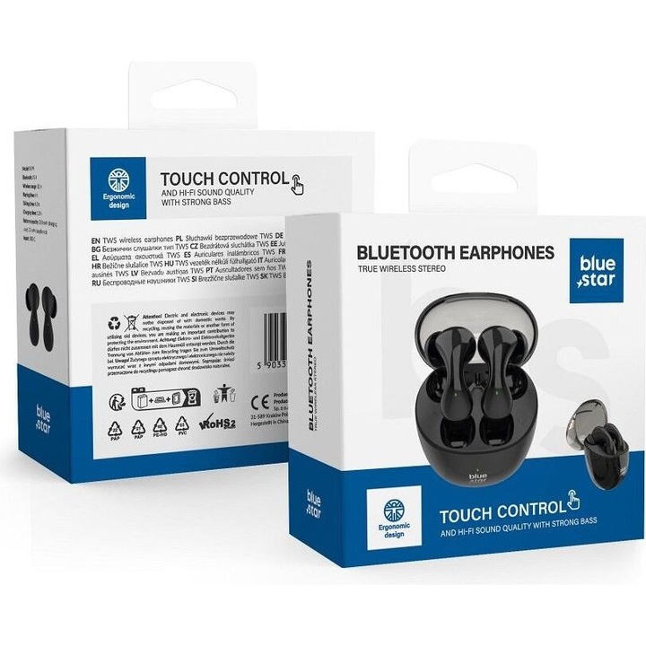 Casti wireless BLUE STAR BK99, Bluetooth 5.4, IPX4 rezistente la apa si transpiratie, autonomie 4,5 ore cu carcasa 200 mAh, Negru, 1 set
