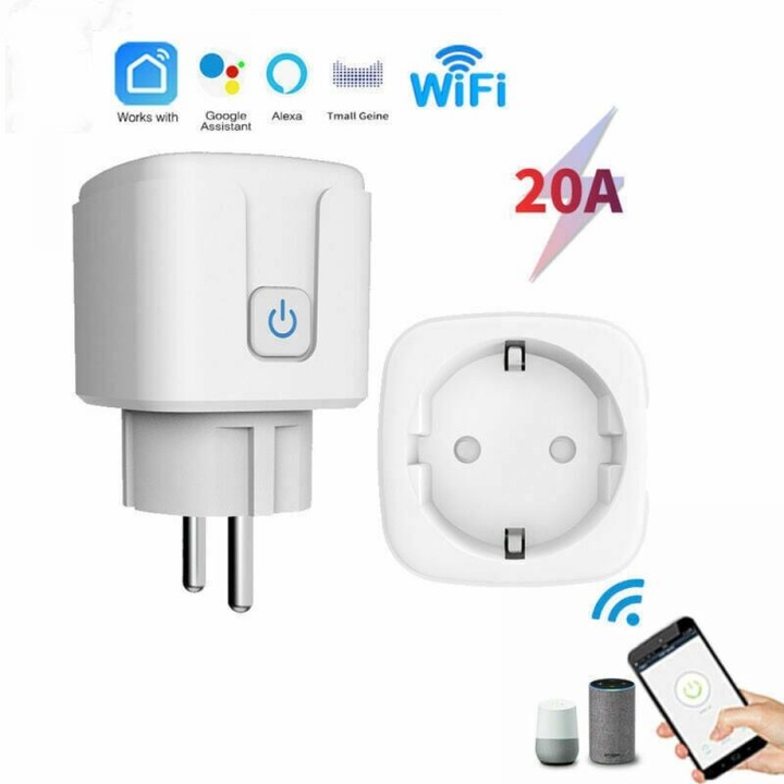 Intelligens WiFi aljzat, okos aljzat, 20A, 2200W, fogyasztásméréssel és hang-/telefonvezérléssel alkalmazáson keresztül, kompatibilis az Alexa és Google Assistant rendszerekkel, európai aljzat, fehér, 1 darab