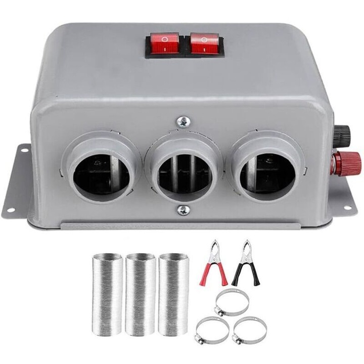 Autós fűtés / kompakt hőlégfúvó 12V/24V 800W, 3 légkimenet, 2 fokozatú kapcsoló, fém ház, Szürke, 185x130x90 mm
