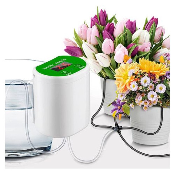 Kit irigare prin picurare automat JH04, reincarcabil USB, programabil (interval 1-10 zile, timp udare 1-90 secunde), tub 2 m, 4 picuratoare si conector, alb/verde, 1 set