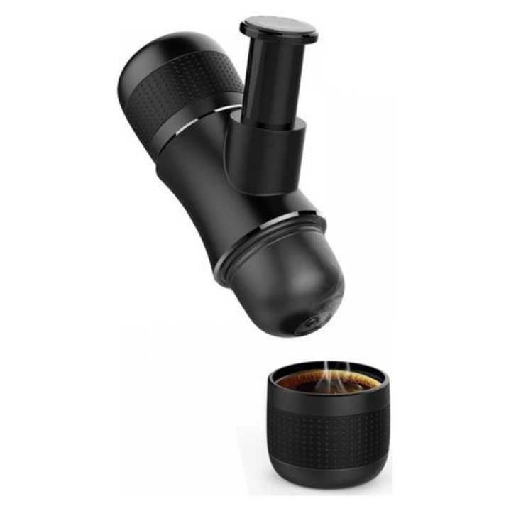 Espressor portabil manual, masina de espresso pentru camping si calatorii, presiune 8 bar, capacitate 70 ml, fara baterii, negru, 1 buc