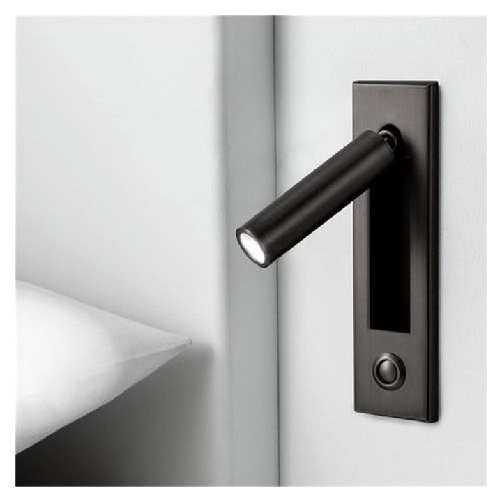 Aplica de perete LED, cu intrerupator cu buton metalic integrat, din aluminiu, reglabila 350°/90°, 3W, negru, 17.8x5x5 cm
