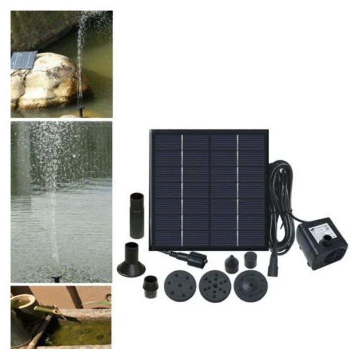 Pompa de apa solara pentru iaz si fantana, fara perii, cu panou solar si duze multiple, Negru, Set