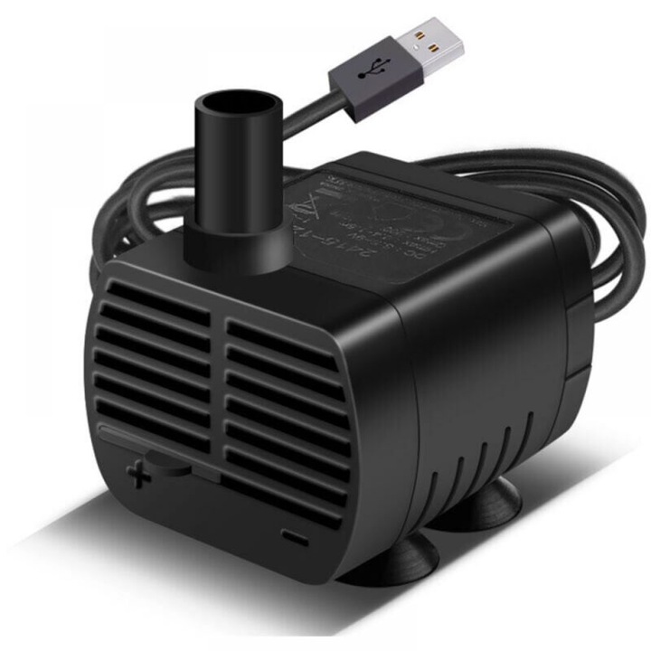 Потопяема водна помпа, помпа за аквариум 200 L/h 3W, USB, регулируема, ултра-тиха, кабел 1.4 м, Черна, 1 бр.