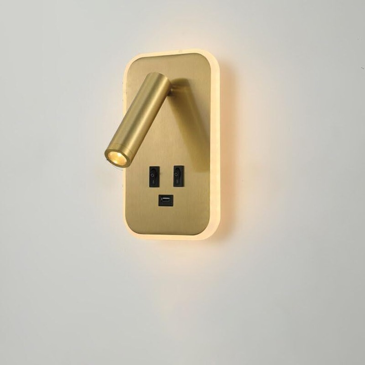 Aplica de perete LED, lampa de lectura din aliaj de aluminiu cu 2 intrerupatoare independente, port de incarcare USB, reglabila 350°/90°, 3W+10W, 3000K, auriu