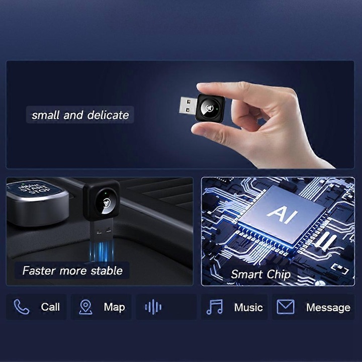 Безжичен адаптер (донгъл) CarPlay/Android Auto 2-в-1 Plug&Play, USB надстройка за CarPlay и Android Auto, 5.0GHz предаване с ниска латентност, съвместим с оригинални контроли и микрофон, черен, 1 бр.