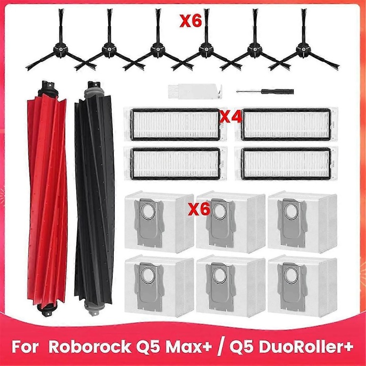 Robotporszívó tartozékkészlet Roborock Q5 Max / Q5 DuoRoller+ kompatibilis, 1 pár görgős kefe, 6 oldalkefe, 4 HEPA szűrő, 6 porzsák, tisztítókefe és csavarhúzó, műanyag, fekete/piros, 1 szett
