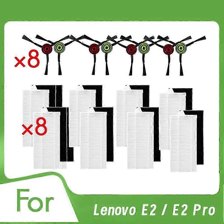 Комплект аксесоари за прахосмукачка, съвместими с Lenovo E2/E2 Pro, 8 странични четки, 8 резервни филтъра, от пластмаса, лесни за инсталиране, Бял/Черен, 16 броя