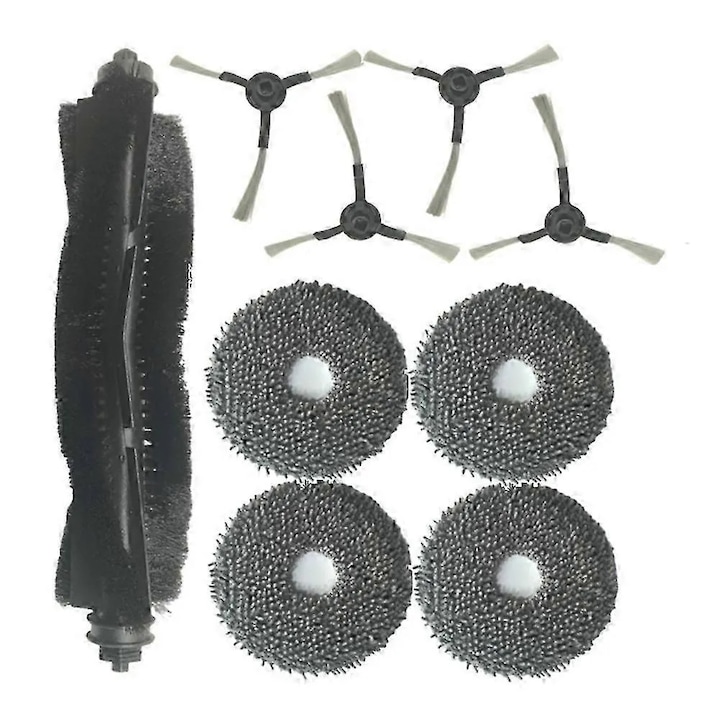 Set perii de schimb si lavete pentru aspirator robot compatibil cu Karcher RCV5 Plus, perie principala cu peri densi, 4 perii laterale, 4 lavete lavabile, negru/gri