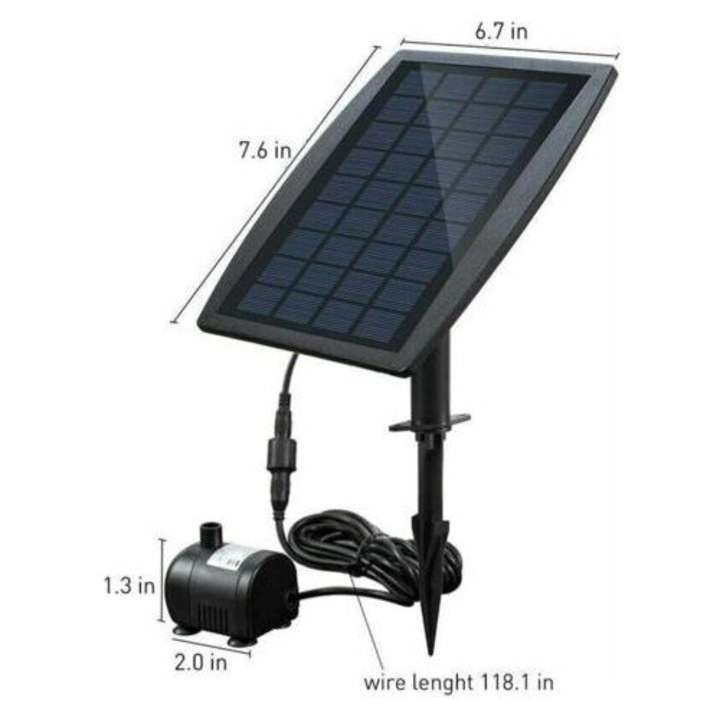 Pompa de apa solara fara perii BSV-SP025, cu panou solar monocristalin 9V 2,5W, debit 200 l/h, inaltime maxima 120 cm, porneste automat in 3 secunde, include 3 duze, Negru, 1 buc