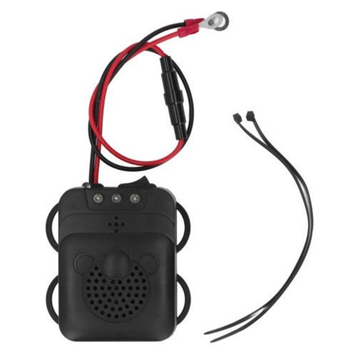 Repulsor ultrasunete pentru soareci auto, dispozitiv anti-soareci, 12V, frecventa 12-25 kHz, lumina stroboscopica puternica, acoperire 40 m², ABS ignifug, negru, 1 buc