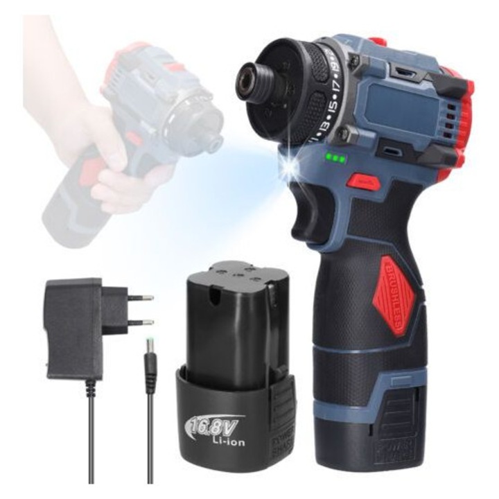 SJLERST 16,8 V elektromos csavarhúzó, kefe nélküli motor, 45 Nm nyomaték, 2 db 16,8 V 1300 mAh Li-ion akkumulátor, beépített LED, változtatható sebesség, Többszínű, 1 db