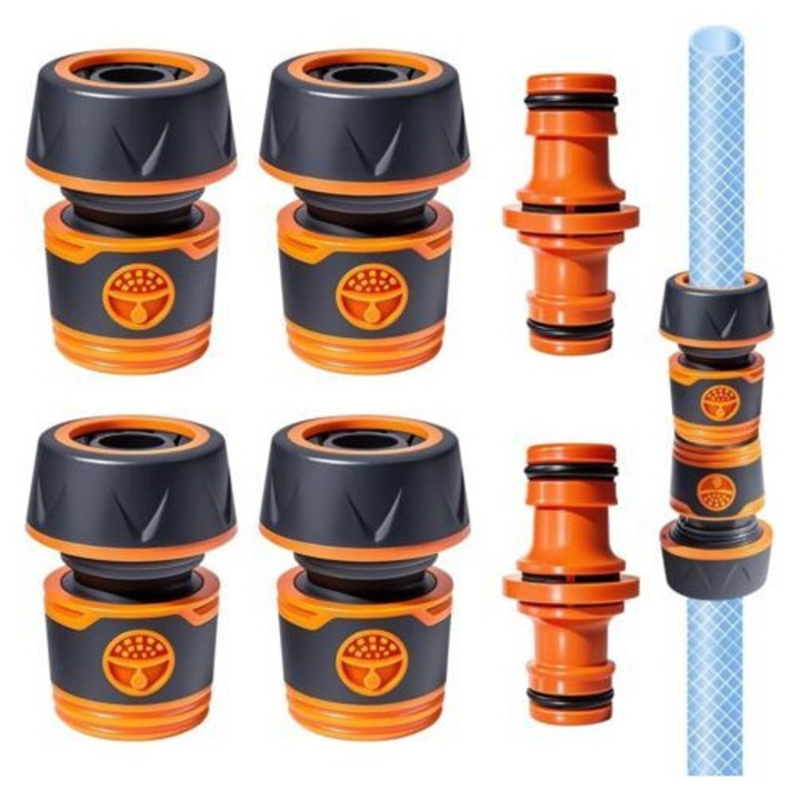 Készlet 6 darab, kerti tömlő csatlakozók és összekötők, 4 db 19 mm (3/4 inch) csatlakozó + 2 db összekötő, ABS csúszásmentes TPR fogantyúval, narancssárga/fekete