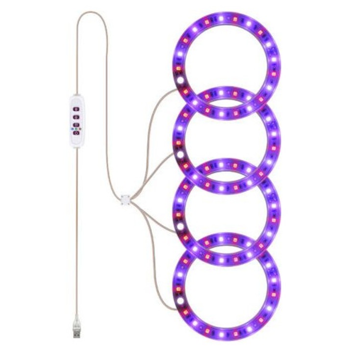 LED növénynevelő lámpa, piros/kék spektrum 660/450nm, 20 LED, időzítő 8/12/16h, 5 fényerő szint, állítható magasság, USB 5V tápellátás, fénygyűrű pozsgásokhoz, piros/kék, 1 db