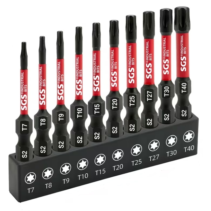 10 darabos torx ütvecsavarozó bit készlet T7, T8, T9, T10, T15, T20, T25, T27, T30, T40 - 50mm hosszúság, 1/4" hex befogás EBIN