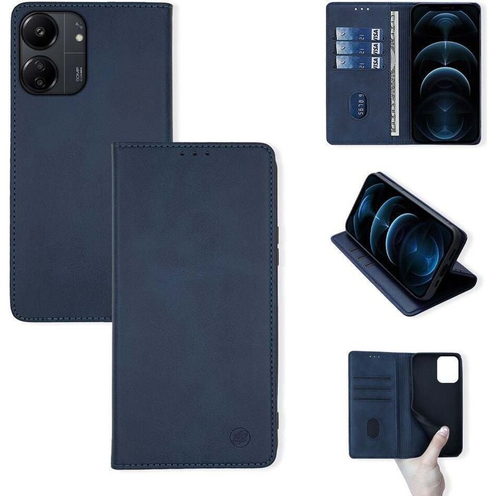 Sonique, husa portofel din piele PU cu interior TPU, magnetica, 3 sloturi pentru carduri, buzunar pentru documente, suport stand, Vintage Magnet Wallet, albastru inchis, compatibil Redmi 13C 4G/Redmi 13C 5G/Poco C65 4G