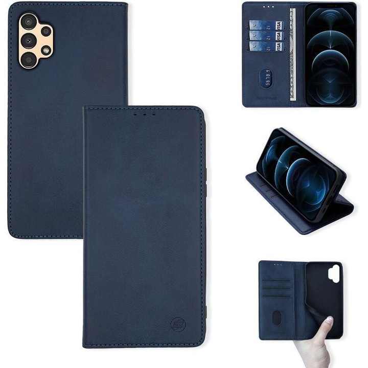 Sonique, Husa portofel din piele PU si TPU cu inchidere magnetica, 3 sloturi pentru carduri si buzunar pentru documente, stand, Vintage Magnet, Albastru inchis, Compatibil cu Samsung Galaxy A13 4G