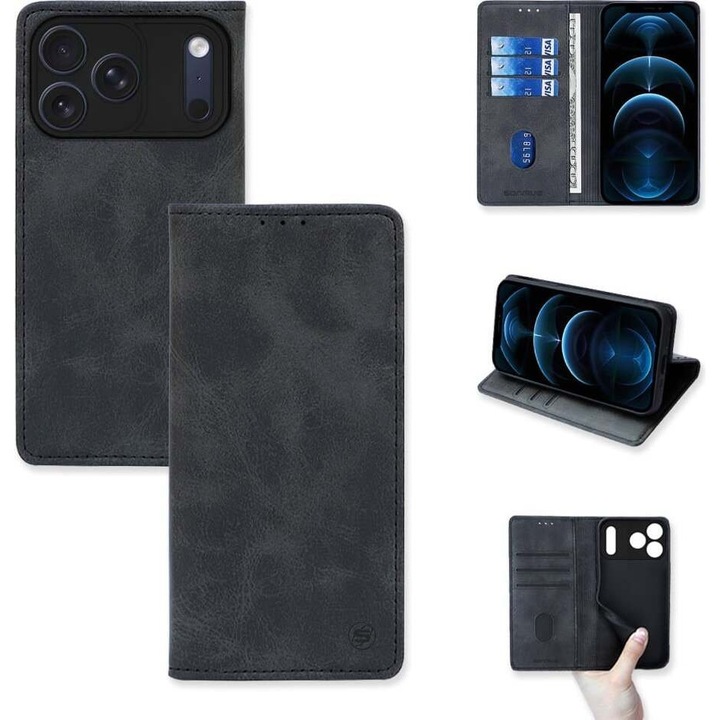 Sonique, Husa portofel din piele PU si TPU, magnetica, 3 sloturi pentru carduri si buzunar pentru documente, textura matte, functie stand, Vintage Magnet, Negru, iPhone 17 Pro Max