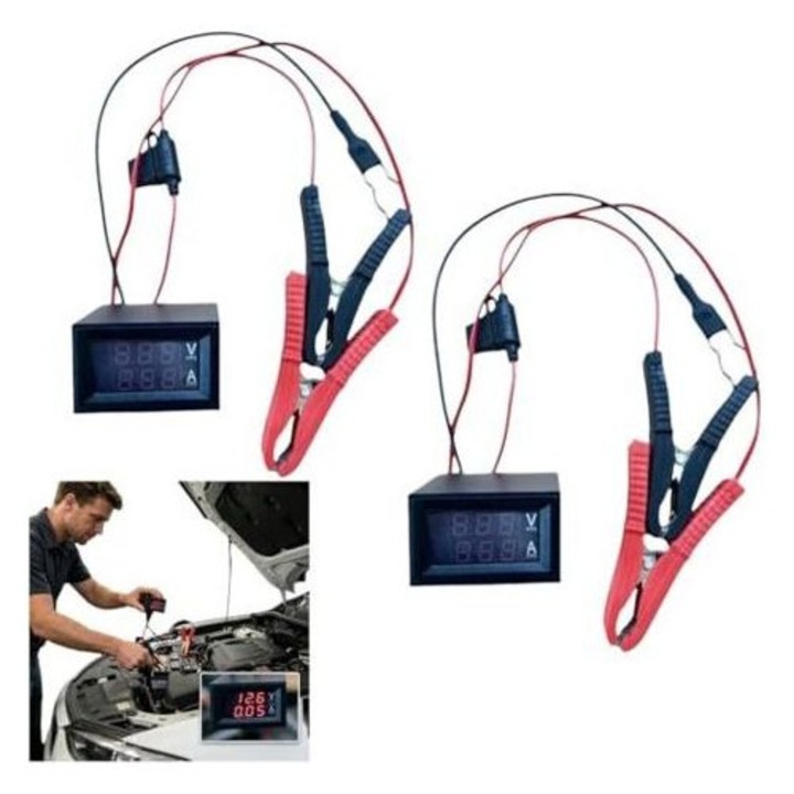 Tester consum baterie auto, detector scurgeri, afisaj digital tensiune si curent, detecteaza consum parazitic, compatibil masini, camioane, motociclete, Negru/rosu, 2 bucati