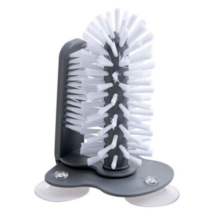 Perie pentru spalat pahare si sticle, cu ventuza mare, perii pe ambele fete, curatare 360°, din PP/PVC, gri/alb, 1 buc