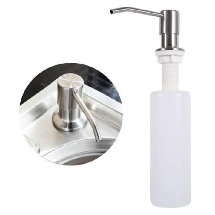 Folyékony szappan adagoló/adagoló mosogatóhoz, rozsdamentes acélból és műanyagból, mosogatópumpával, ezüst/fehér, 300 ml