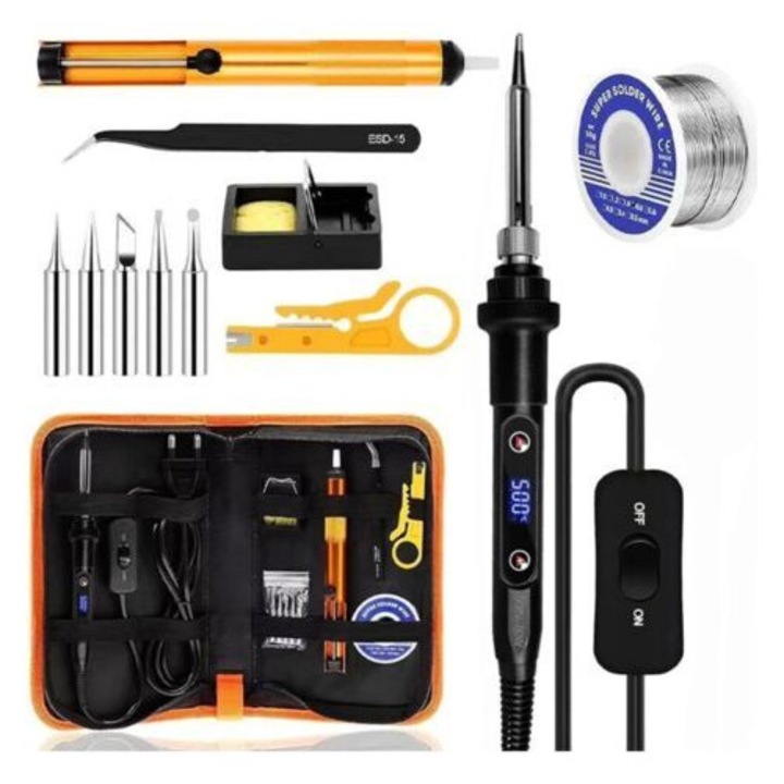 Fier de lipit, Set 13 in 1, 80W, temperatura reglabila 180-500°C, control precis electronic, afisaj LCD si comutator ON/OFF, 5 varfuri, sarma lipit 50g, Negru
