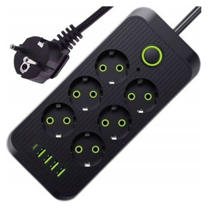 Prelungitor electric 6 prize 5 porturi USB 2500W cablu 1.8m