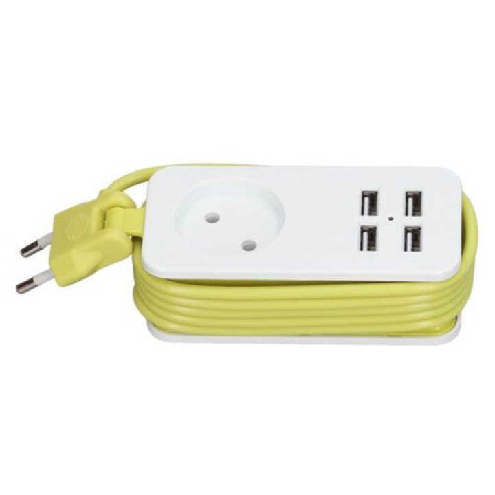Multiprise/prelungitor SFC08-3, 1200W 10A, 4 porturi USB 5V 2.4A, material ignifug ABS, protectii la supratensiune, suprasarcina si scurtcircuit, Galben/Alb, 1 buc