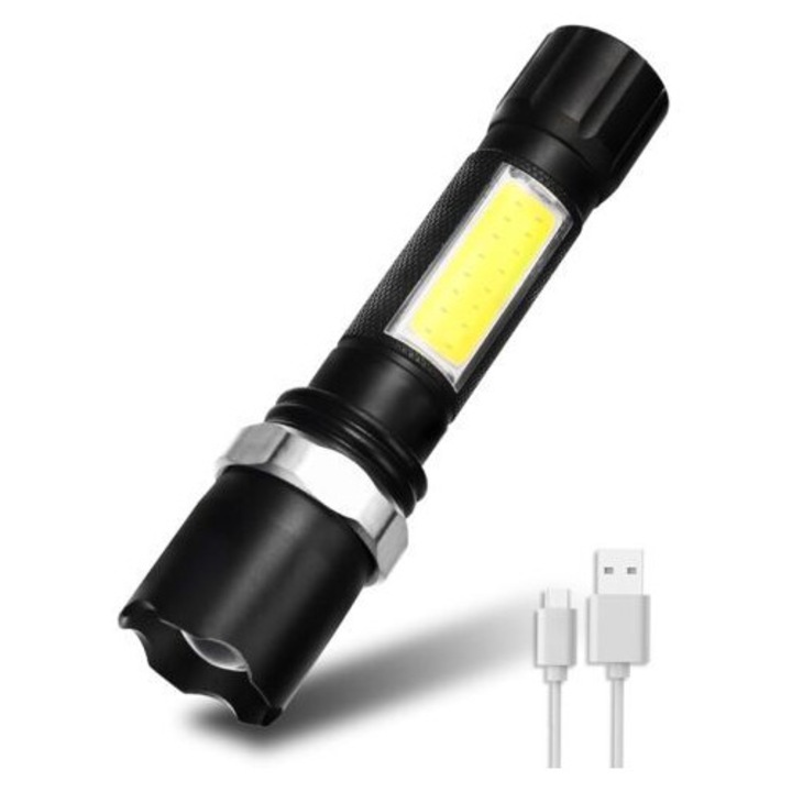 Újratölthető LED lámpa, kézi lámpa 600 lm, USB, állítható zoom, 4 mód (High/Low/Strobe/COB), IPX5, A+ osztály, Fekete, 14.2 cm, 1 db