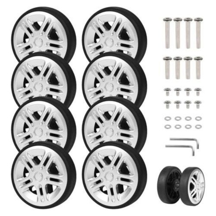 Set 8 bucati, Roti de schimb pentru valiza, din TPE-guma cu ax metalic, diametru 50 mm, latime 12 mm, axe 40 x 6 mm si 45 x 6 mm, include 8 axe, 8 suruburi, 16 saibe si 2 chei, negru/argintiu