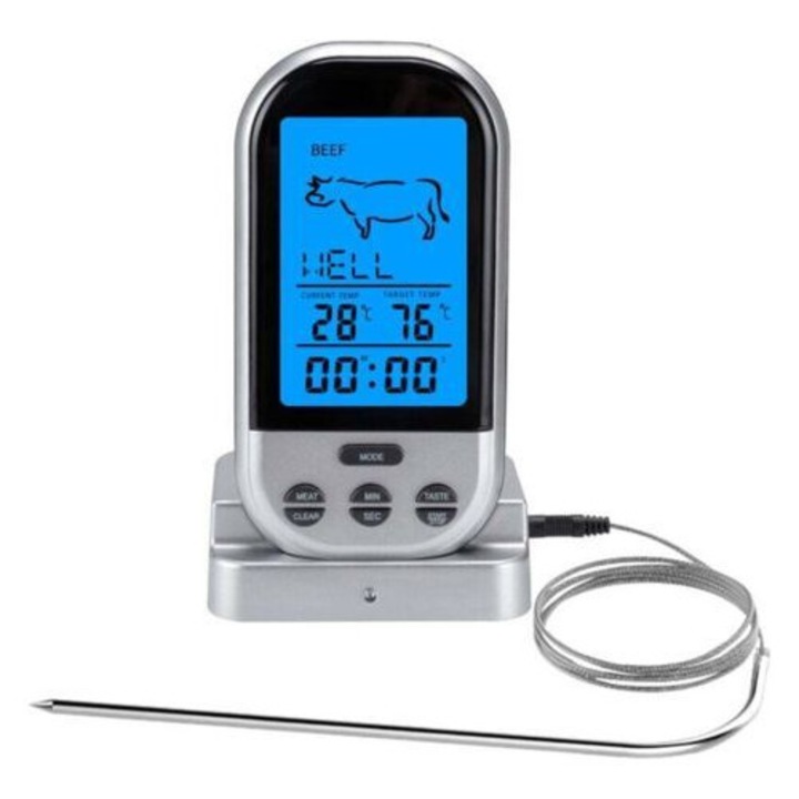Digitális rozsdamentes acél húshőmérő, LCD kijelző, 0-250°C, 3-6mp, 4xAAA