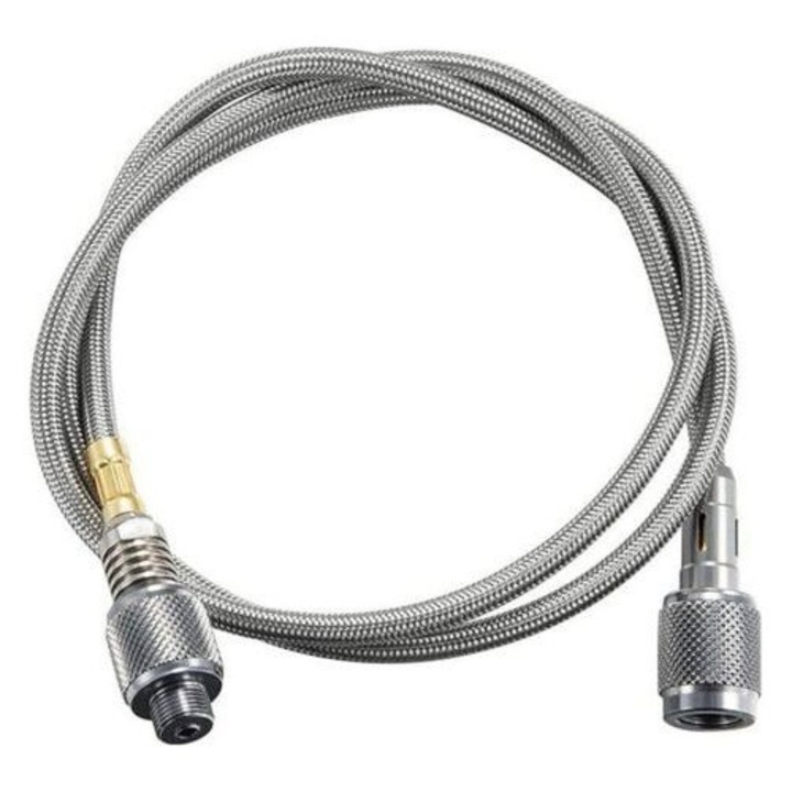Furtun adaptor gaz/adaptor pentru aragaz de camping, din aluminiu si otel inoxidabil, tub impletit, rezistent la coroziune, 107 cm, argintiu, 1 bucata
