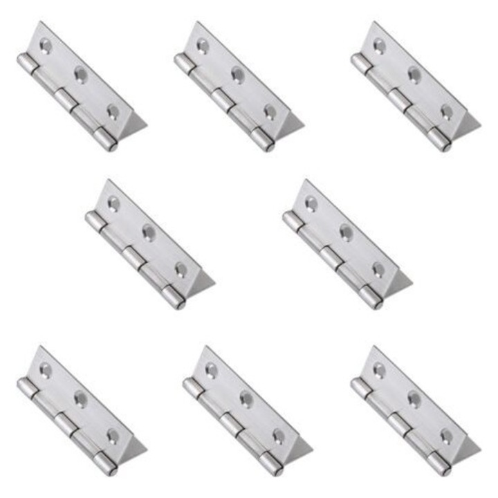 8 darabos készlet, összecsukható zsanérok (pántok) rozsdamentes acélból, 75 x 50 x 1.5 mm, korrózióálló, ezüst