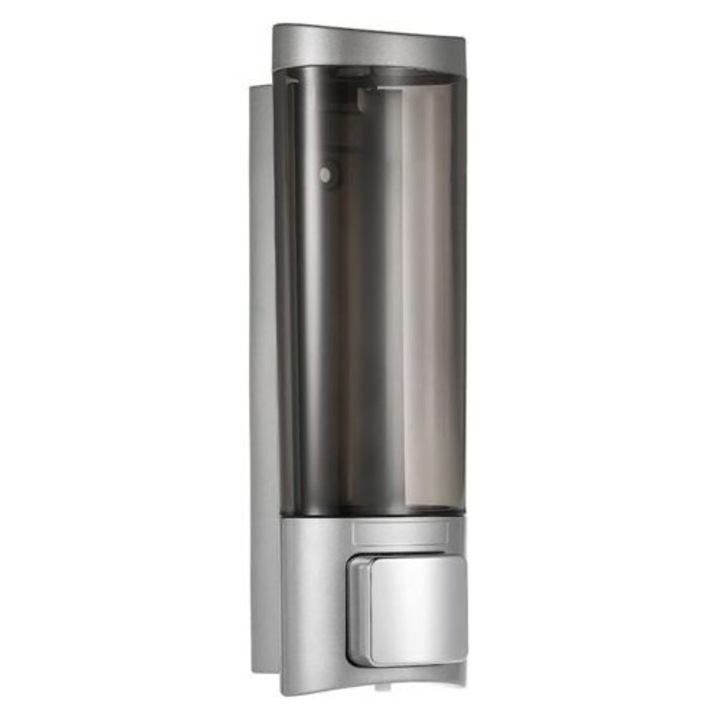 Fali kézi folyékony szappan adagoló, adagoló, ABS-ből, átlátszó tartály, 0,9-1,0 ml adagolás, csepegésmentes, matt ezüst, 200 ml