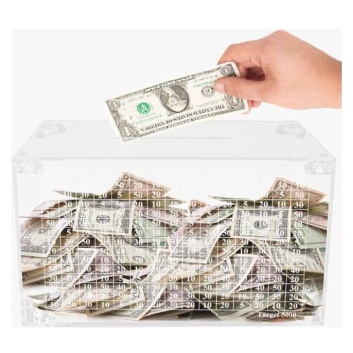Pusculita / caseta de economii cu contor pentru obiectiv de economisire, acrilic transparent, capacitate 5 000 $, deschidere pentru retragere si reutilizabila, transparent, 23,2x15x9,5 cm, 1 buc