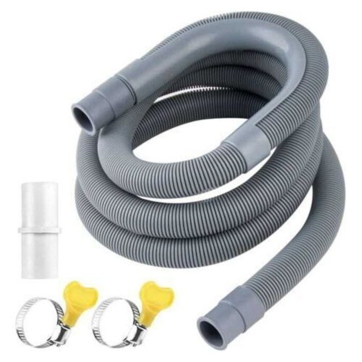 Furtun de evacuare/furtun de scurgere din polipropilena, compatibil cu masini de spalat, masini de spalat vase si climatizoare, cu adaptor, suport U si 2 coliere inox, gri, 2 m