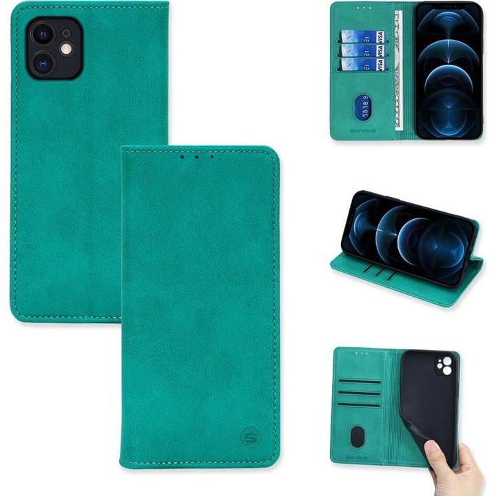 Sonique, Husa portofel carcasa din piele PU cu interior TPU, inchidere magnetica, 3 sloturi pentru carduri si buzunar pentru documente, convertibila in stand, Vintage Magnet, Turcoaz, iPhone 11