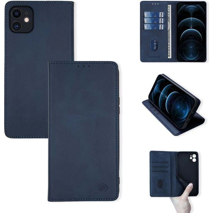 Husa telefon Sonique Vintage Magnet, albastru inchis, 3 carduri, 1 compartiment documente, stand, PU piele, TPU