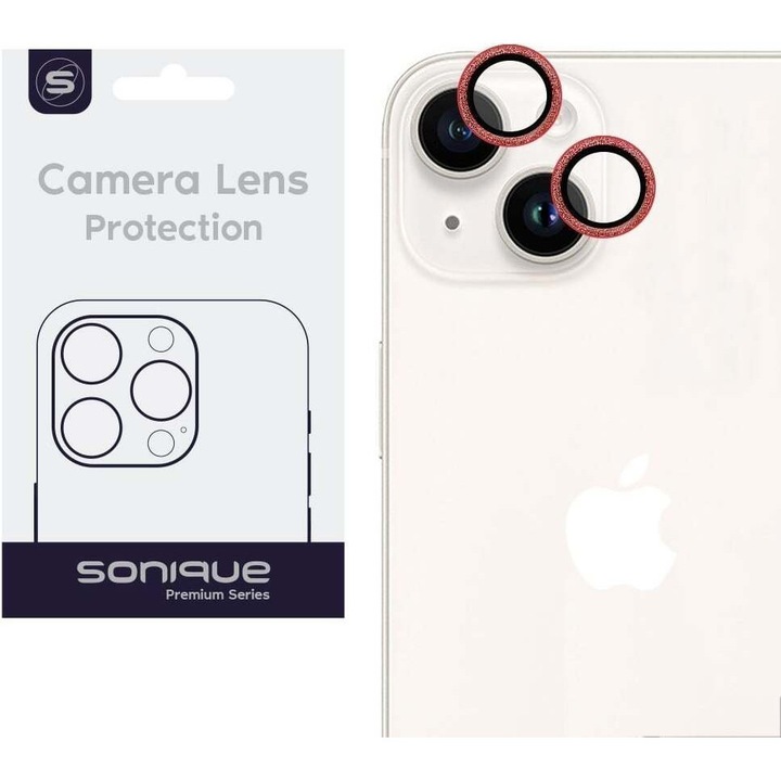 Protectie lentila camera Sonique Glitter Lens Pro pentru iPhone 14/14 Plus, acrilic premium, anti-amprente, transparenta 95%, anti-soc, rosu