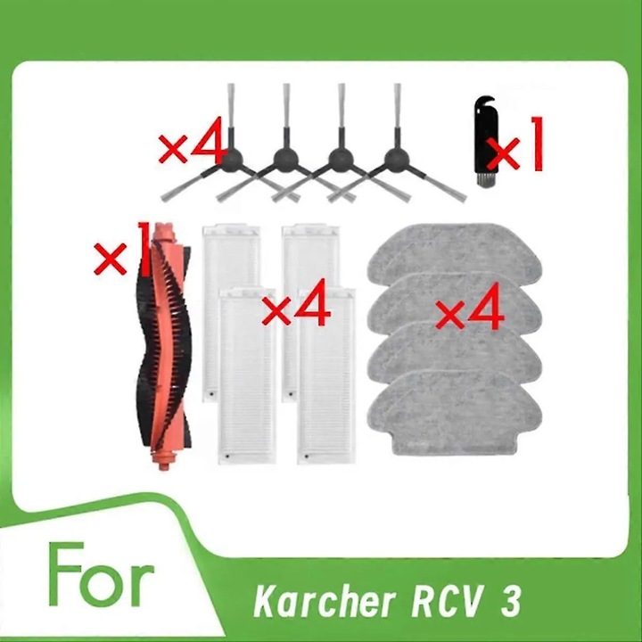 Set 14 piese accesorii pentru aspirator compatibil Karcher RCV 3, perie principala din cauciuc, 4 filtre, 4 lavete mop, 4 perii laterale, Multicolor