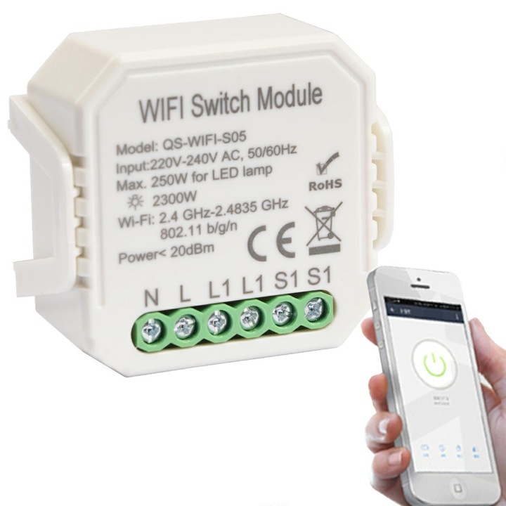 WiFi Okos Relé 1 Csatornás, Alexa/Google Hangvezérlés, Okos Otthon Automatizálás, Tuya Smart Alkalmazás