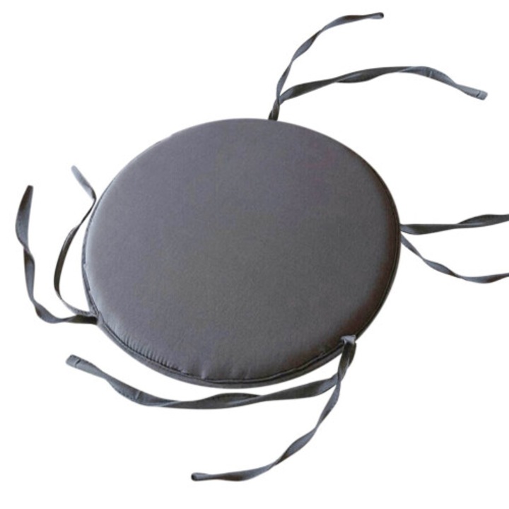 Perna rotunda pentru scaun, perna de sezut cu 4 snururi de prindere, ingrosata cu umplutura confort, material antiderapant din poliester, gri, 38 cm, 1 buc