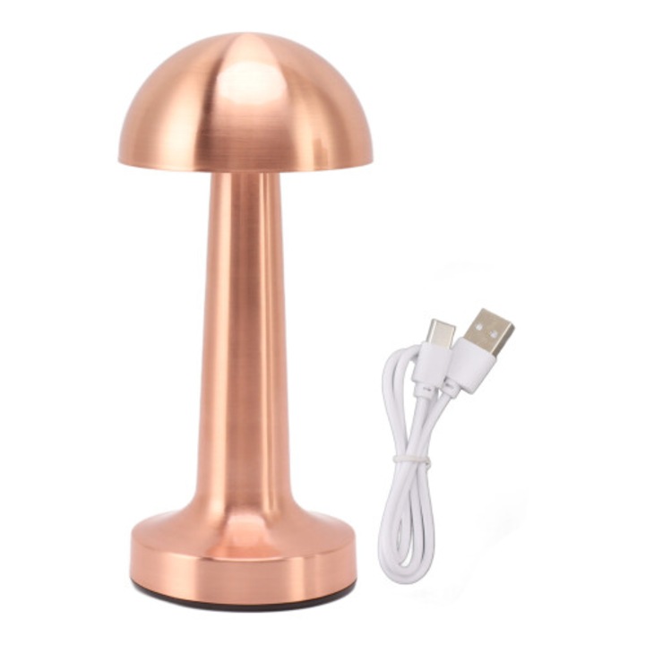 Lampa de birou LED metalica, lampa de masa portabila, cu control tactil 3 culori, fara fir, baterie reincarcabila, 10 ore autonomie, cupru