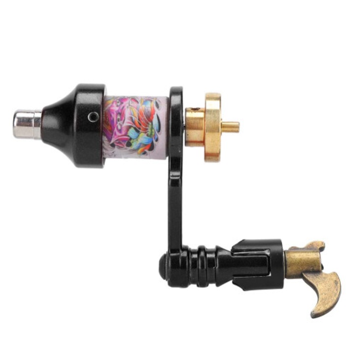Masina de tatuat profesionala, aparat de tatuaj silentios, cadru din aliaj, ergonomic, functie dot work si cronometru, negru/auriu, 1 buc
