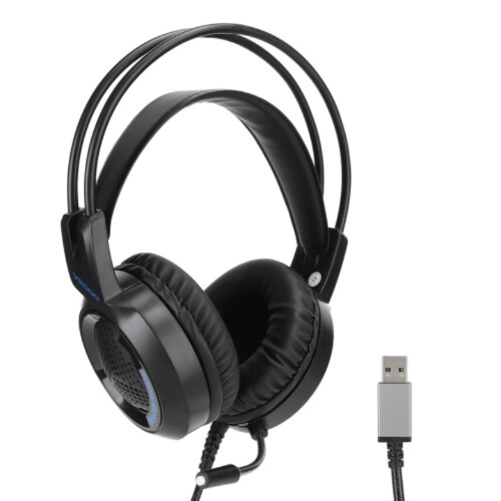 Gaming headset/fejhallgató, térhatású hangzással az magával ragadó élményért, zajszűrős mikrofonnal, PC/konzolokkal kompatibilis (USB), ergonomikus kényelem puha fülpárnákkal és állítható fejpánttal, fekete, 1 db