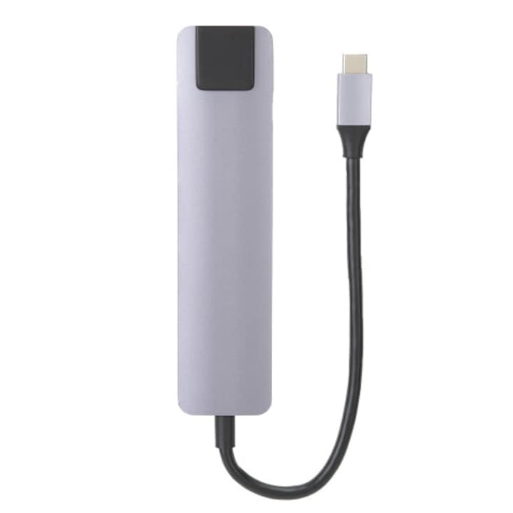 Адаптер USB-C YMC-H407C, хъб с USB 3.0 порт и Gigabit Ethernet, plug-and-play, универсална съвместимост, сребрист, 1 бр